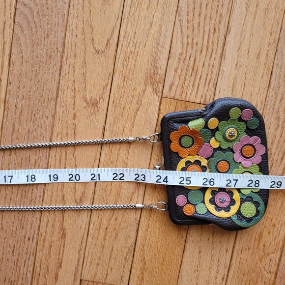 Brighton Brown Coin Purse Kiss Lock Leather Flower Appliqué Chain Strap - Picture 12 of 12